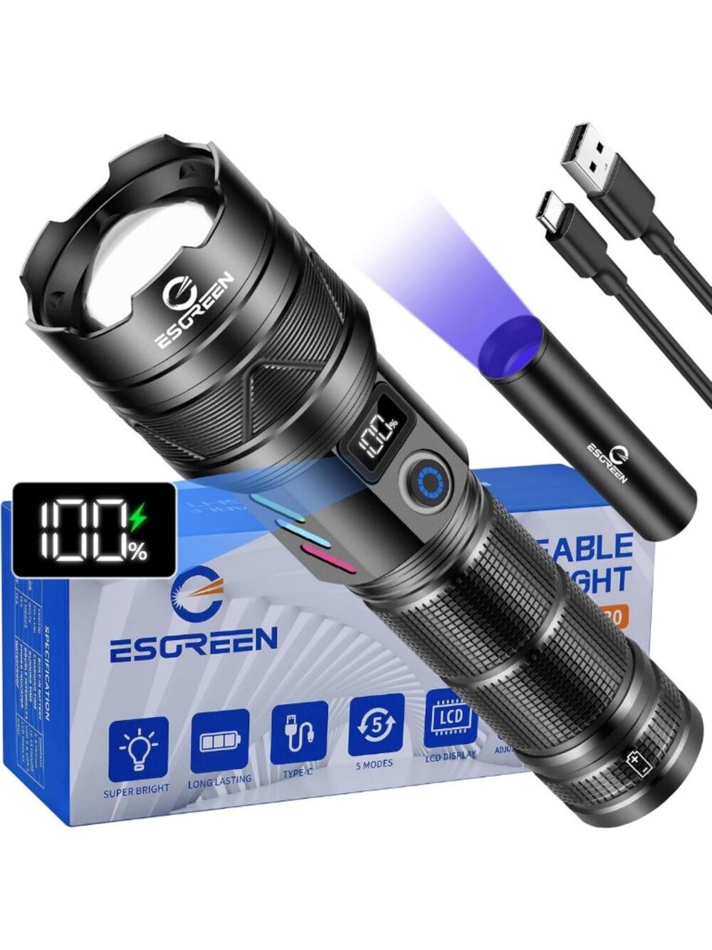 High Lumen Rechargeable Flashlight & Mini UV Light - 100000 Brightness, Portable